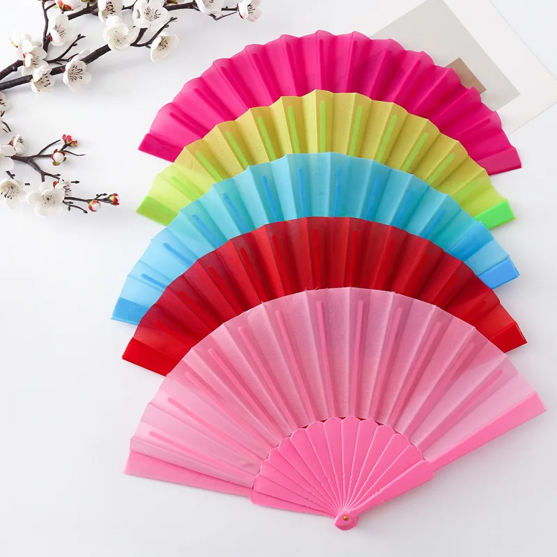 Plastic Bone Fan Silk Cloth Blank Folding Fan Chinese Style Dance Fan Pure Color Taichi Plain Morning Exercise DIY Craft Paint