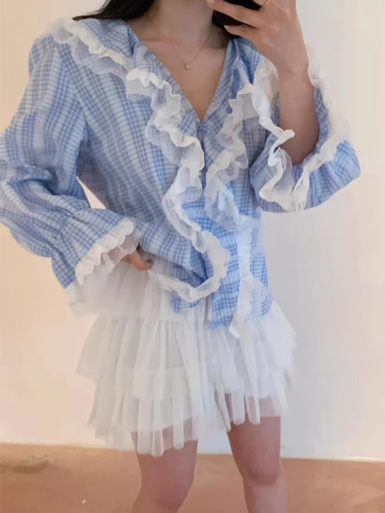 

Новая корейская шикарная женская блузка, весенняя французская винтажная кружевная свободная рубашка с деревянными ушками и расклешенными рукавами