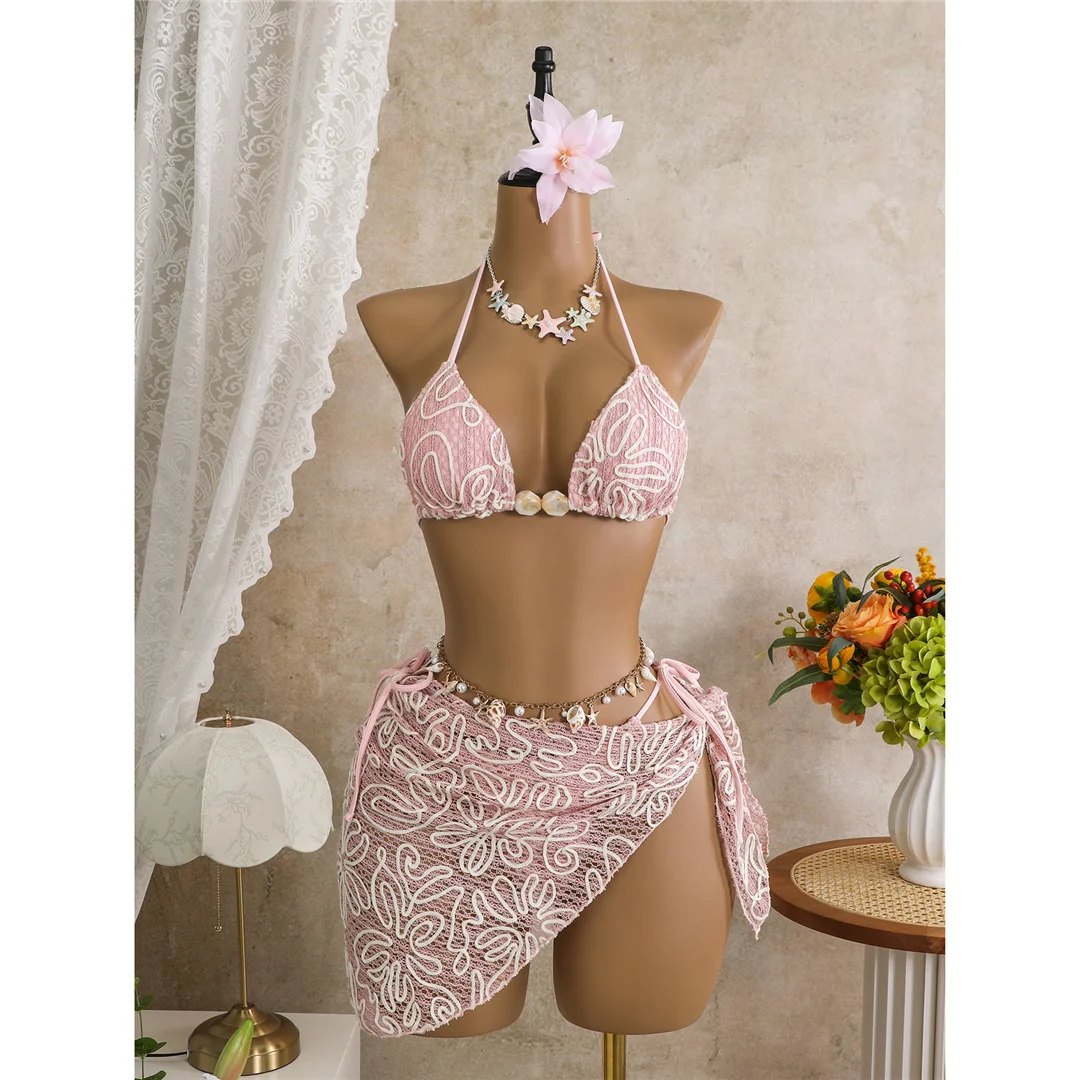 Mit Sarong-Halterneck-Bikini, bedruckter Bikini, Damen-Badebekleidung, dreiteiliges Bikini-Set, gepolsterter Badeanzug, Badebekleidung, Badeanzug, Modell V8073. – Detail 20