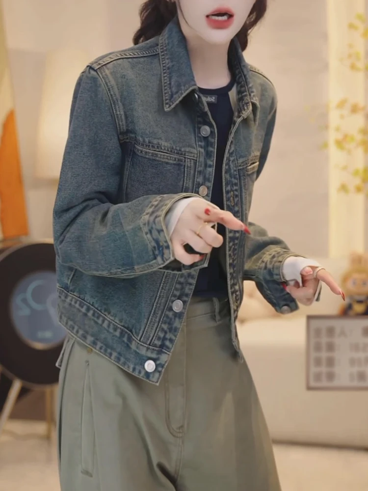 เสื้อแจ็คเก็ตยีนส์แฟชั่นสำหรับผู้หญิง คอปก สปริง/ออทัมน์ รุ่นใหม่ ระบายอากาศได้ดี สไตล์ลำลอง เสื้อคลุมผู้หญิง