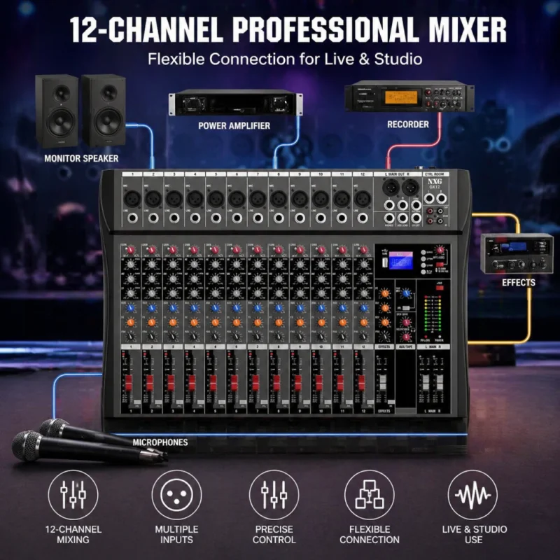 NXG CT120 Professional 12-Channel Mixer Console | USB, XLR, RCA Input & Output, Equalizer & Monitoring, Ideal for Events, Recording, Live Sound Reinforcement And Multi-Functional Connectivity