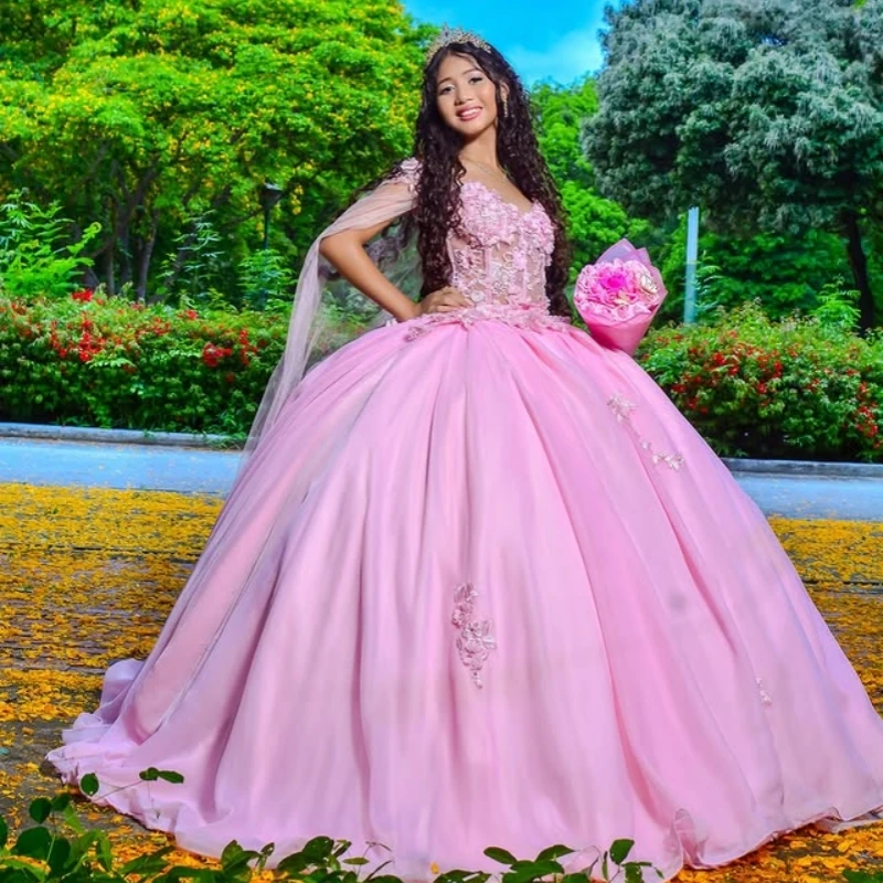 

Customized Pink Quinceanera Dresses Off the Shoulder glitter applique layering flower Tull Long tail Vestido 15 Quinceanera
