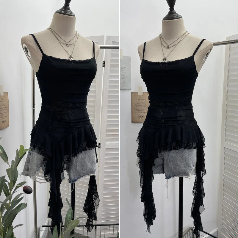 Women's Retro Tie-dye Ruffled Mesh Tube Top Irregular Draped Thin Non-slip Straps Wrap Crop Top Backless Street Partyclub 8020