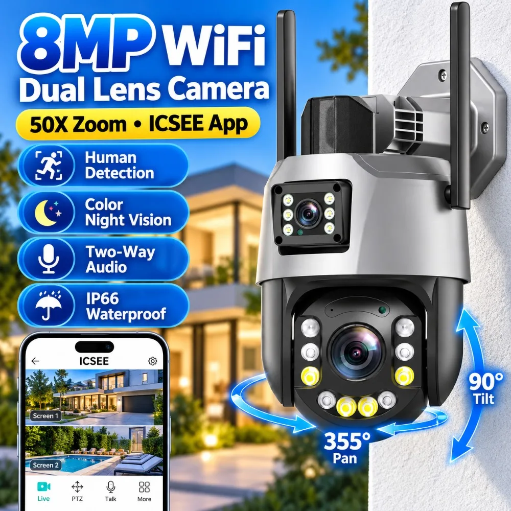 4K 8MP WIFI Camera Outdoor Dual Lens 50X Zoom Waterproof Color IR Vision PTZ Auto Tracking Security Surveillance HD Cameras CCTV
