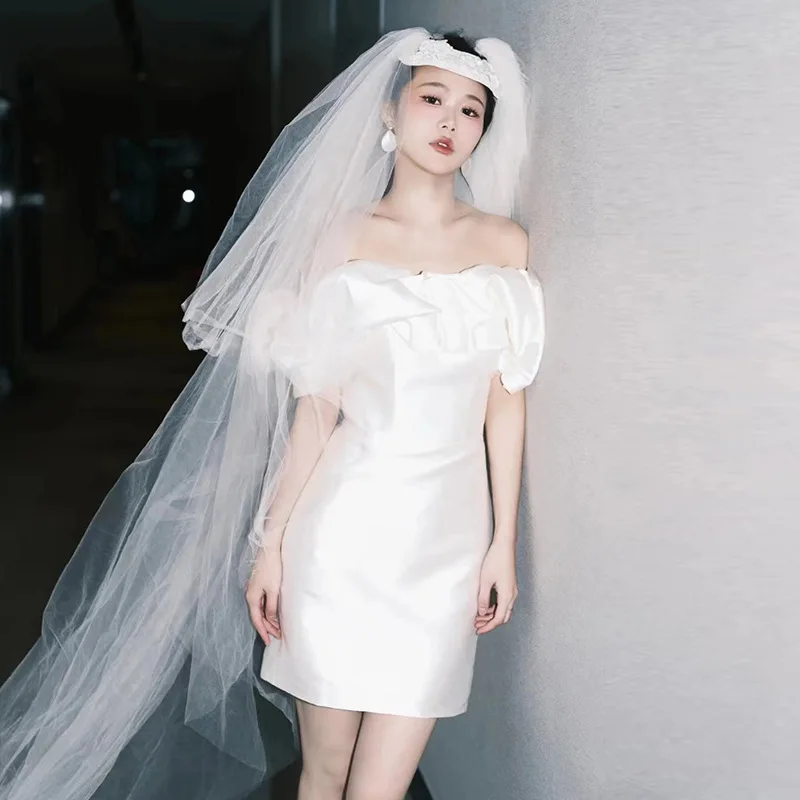 Elegant Boat Neck Short Wedding Dresses New Simple Vestido De Novia Classic Off The Shoulder Satin Sukienka Na Wesele Customized