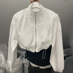 Y2K Autumn Crop Coats Women Fashion All Match Drawstring Short Track Jacket Korean Streetwear Loose Zipper Jogging Windbreaker