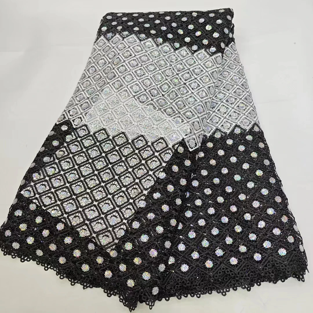 

New Black White DoubleColor African Cord Lace Fabric With Sequins 2024 High Quality Nigerian Water Soluble Lace Fabric KHD24124