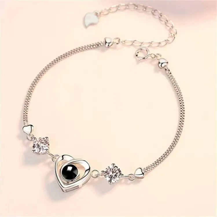 Pulsera de proyección de foto personalizada, Color plata joyería con/oro rosa, en forma de corazón, circonita cúbica, foto personalizada