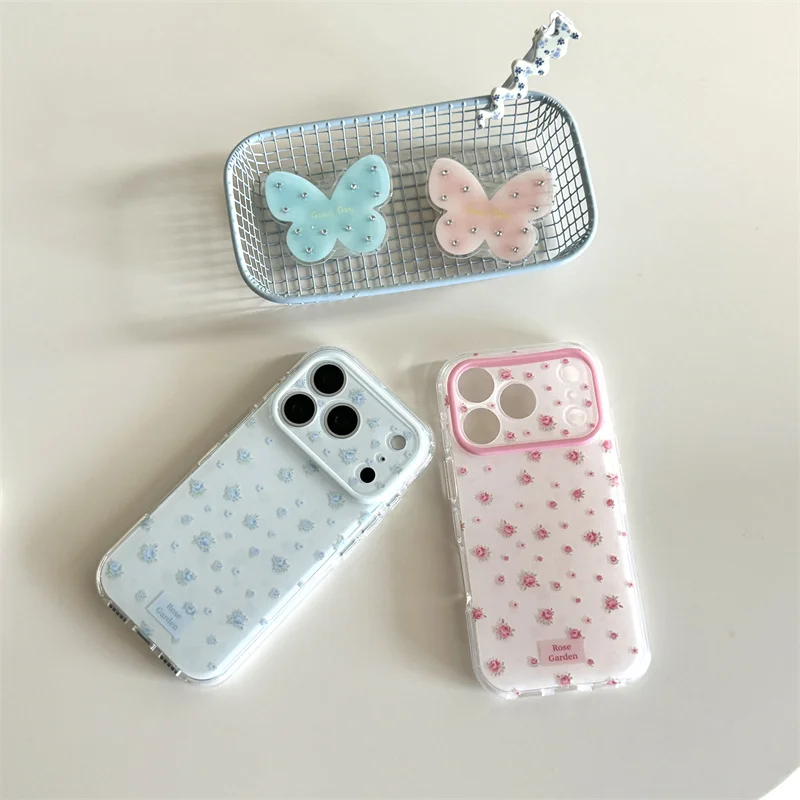 

Soft Pastel Floral Print Clear Case With Butterfly Pop Socket For iPhone 15 16 17 Pro Max INS Kawaii Large Window Shockproof Cov