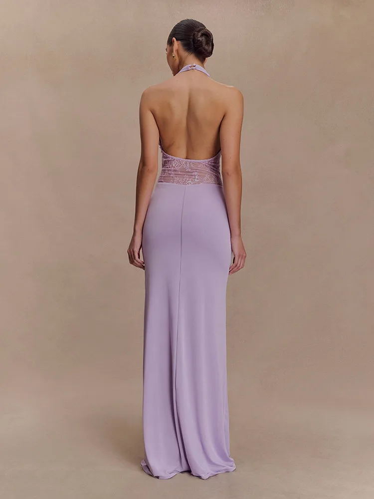 Absobe Damska Sukienka Maxi z Marszczeniami, Łączona z Przezroczystej Koronki, Głęboki Dekolt V, Wiązana na Szyi, Bez Pleców, Rozkloszowana, Wyszczuplająca, Długa Sukienka Wieczorowa Vestido