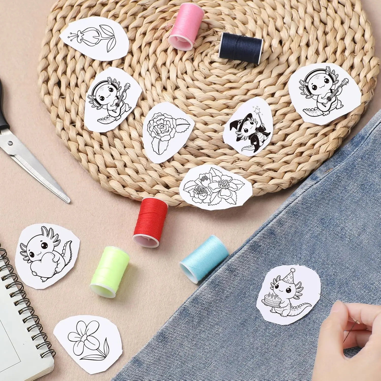 Axolotl Floral Stick & Stitch Water Soluble Embroidery Paper, Wash Away Transfer Stabilizers for DIY Hand Sewing Crafts