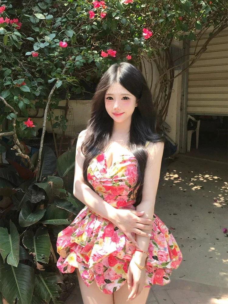 XZY Sweet Floral Print Halter Dress Women's plus Size Summer Waist Cinched Fairy Puffy Short Skirt Beach Casual High Waist Pr...