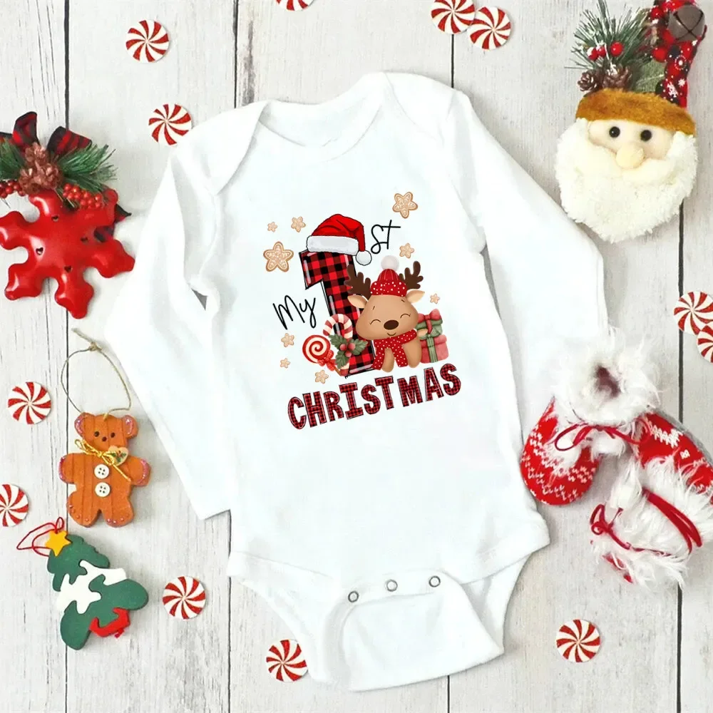 My 1st Christmas Baby Romper Long Sleeve Cartoon Reindeer Print Newborn Bodysuit Infant Boys Girls Xmas Jumpsuit Christmas Gift