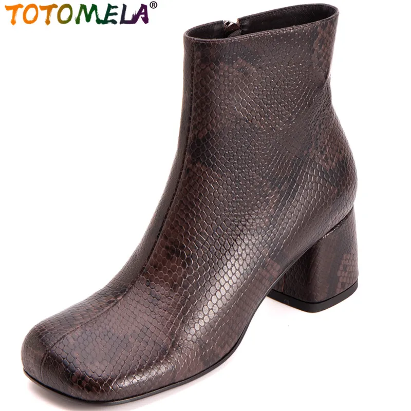 

TOTOMELA 2022 New Spring Genuine Leather Women Boots Animal Prints Zipper Ankle Boots Vintage Thick High Heels Shoes