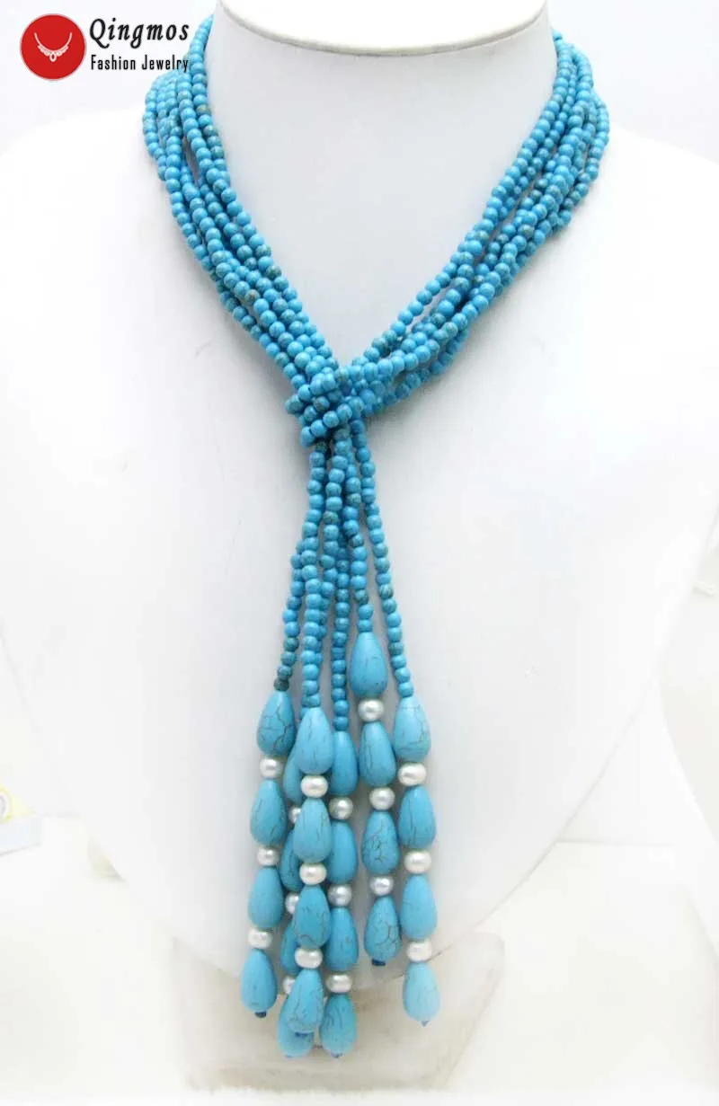 

Qingmos 4mm Round Natural Blue Turquoise Necklace for Women Jewelry Shawl Stone Jewelry 3 Strands Long Necklace 45"