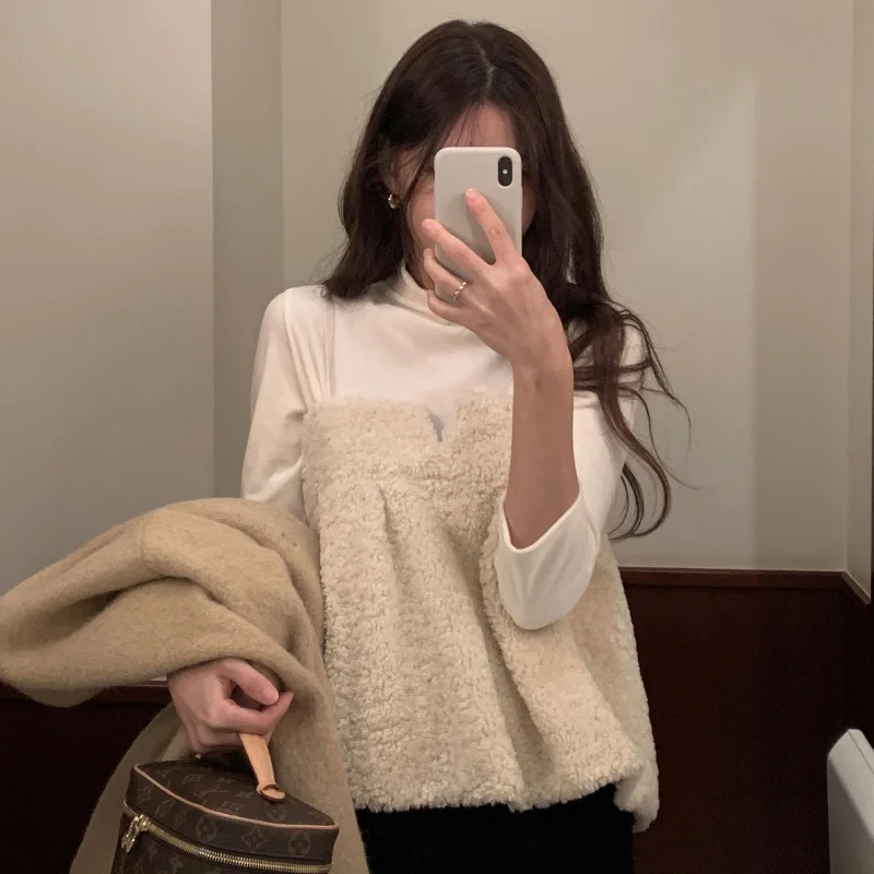 Lamb Fur Vest Strap Women's Casual Style Thickened Polyester Fiber Pure Color Winter Fashion Layering Soft Atmosphere Vest