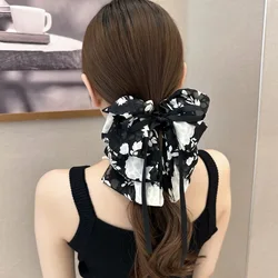 French retro printed bow clip with black and white leaves floral ribbon lazy man clip versatile headwear