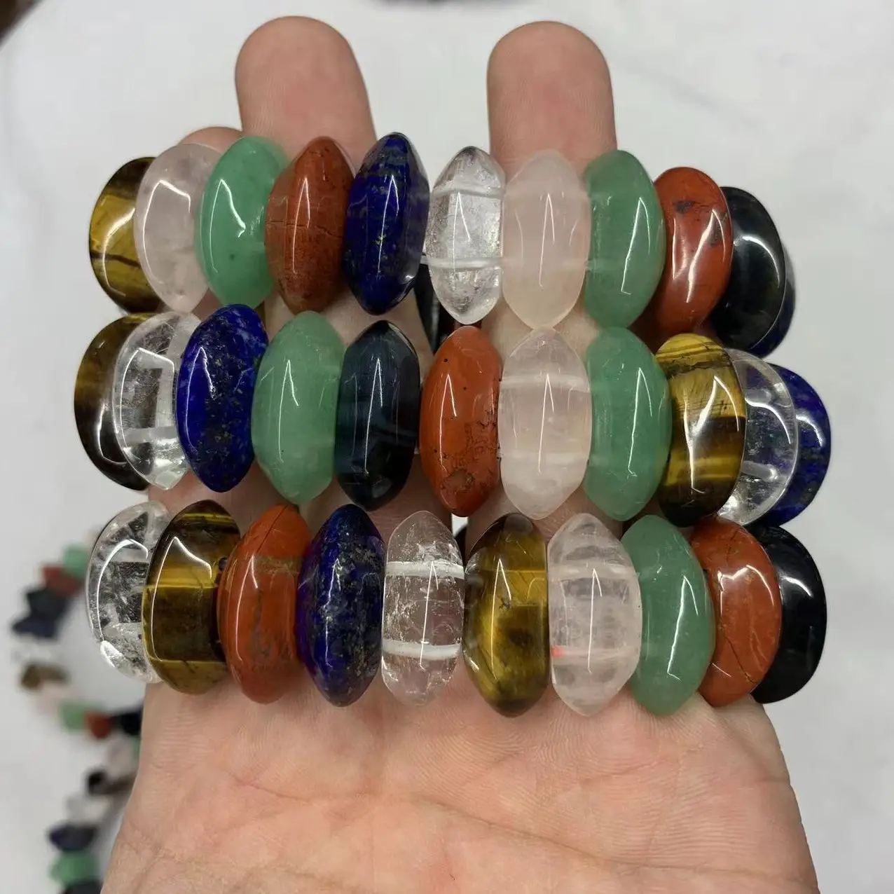 Mixed Natural Gemstone Bracelet : Green Aventurine Jade, Rose Quartz, Amethyst , White Rock Quartz, Red Agate !