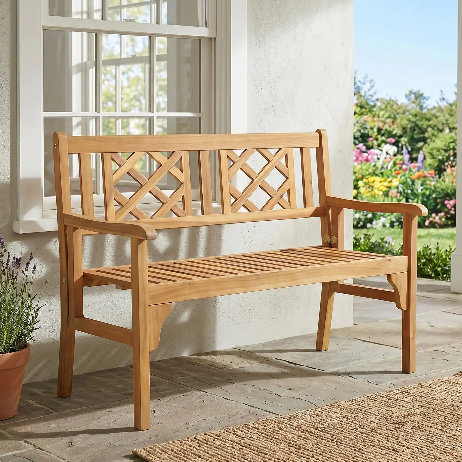 Folding Outdoor Wood Garden Bench, Foldable Acacia Wood Patio Bench with Wide Curved Armrest & Backrest, Outside