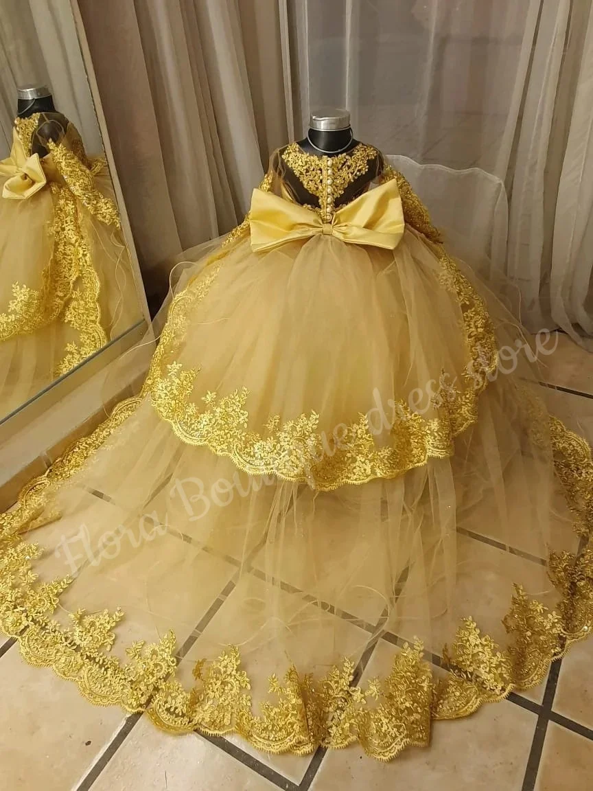 Customized Long Sleeves Elegant Puffy for Girls Gold Applique Flower Girl Dress for Wedding Party Girls Pageant Gala Dress