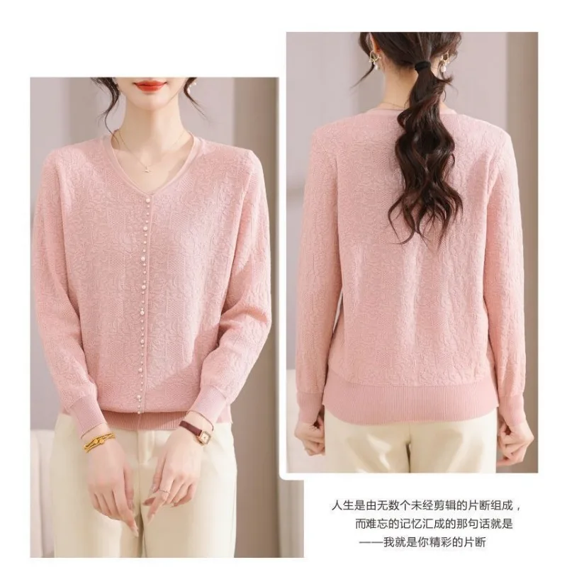 Nuova moda autunnale Base Top lavorato a maglia con scollo a V maniche lunghe con perline per maglione versatile da donna