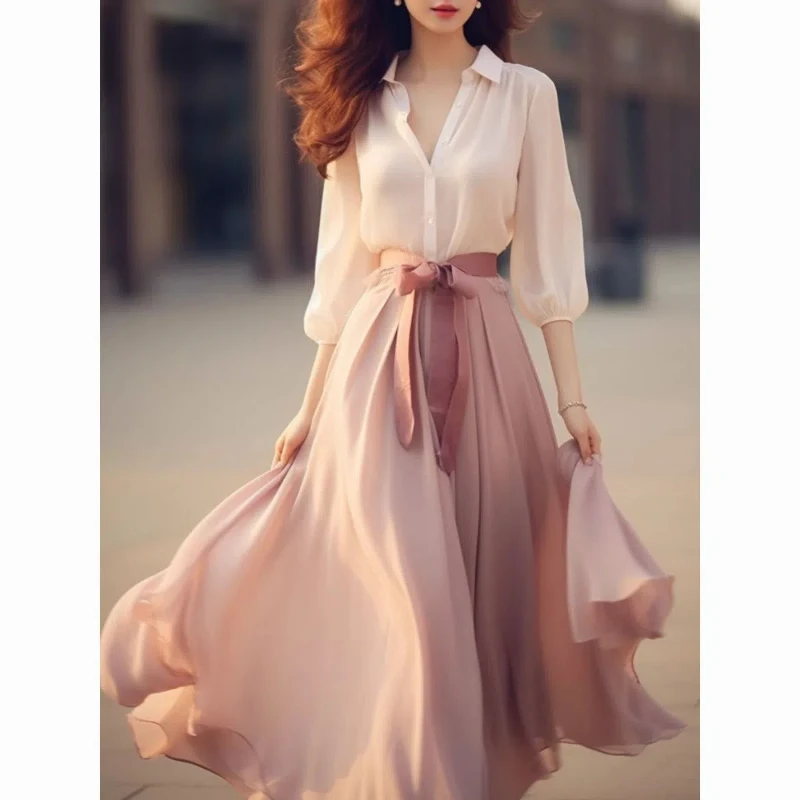 

Spring and Summer New Patchwork Shirt Two-piece Dress High-end Princess Luxury Fashion Women's French Long Sleeves Dress Suit