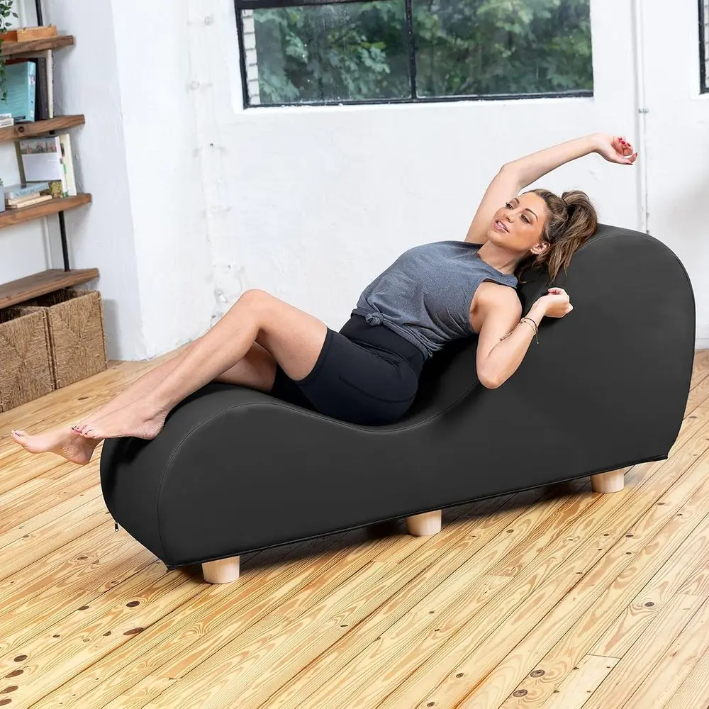 

Chaise Lounge Chair or Stretching and Relaxation, Wood eet, aux Leather - Black