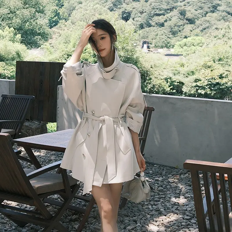 

Универсальный однотонный тренч для женщин с отложным воротником, двубортное пальто на шнуровке, осень 202, новый прилив