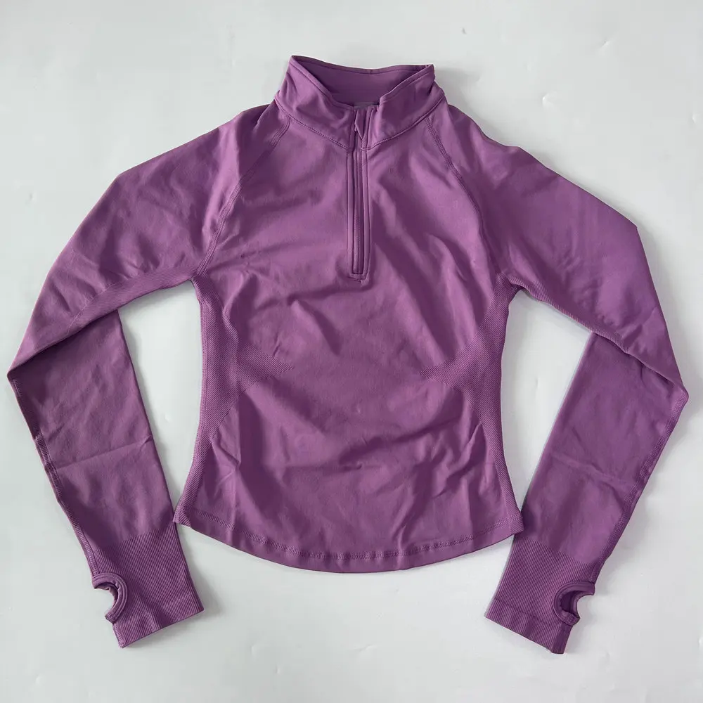Yoga-Jacke ohne Logo mit halbem Reißverschluss, Damen-Langarm-Sportoberteil, nahtloser Lauf- und Workout-Mantel, Fitnesskleidung, Activewear – Detail 9