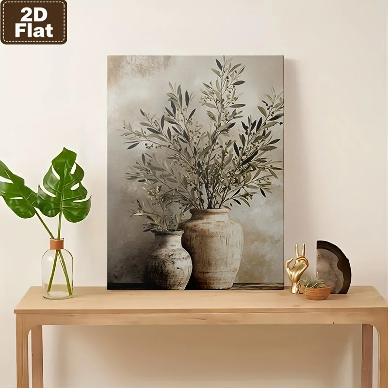 (No frame)2D Flat, Posters And Prints: 1pc Framed Canvas Painting of Olive Branches in Rustic Vases, Neutral Tones, Vintage S
