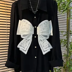 Women's Clothing Fashion Bow Lace Patchwork Blouse Sweet Commute Chic Single-breasted Spring Autumn Korean Polo-Neck Loose Shirt