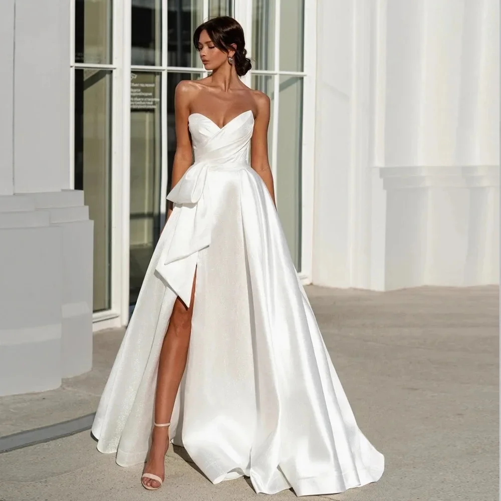 

Simple A Line Wedding Gown For Women Sweetheart Pleats lace up Wedding Dress slit Bride Dress court train bow
