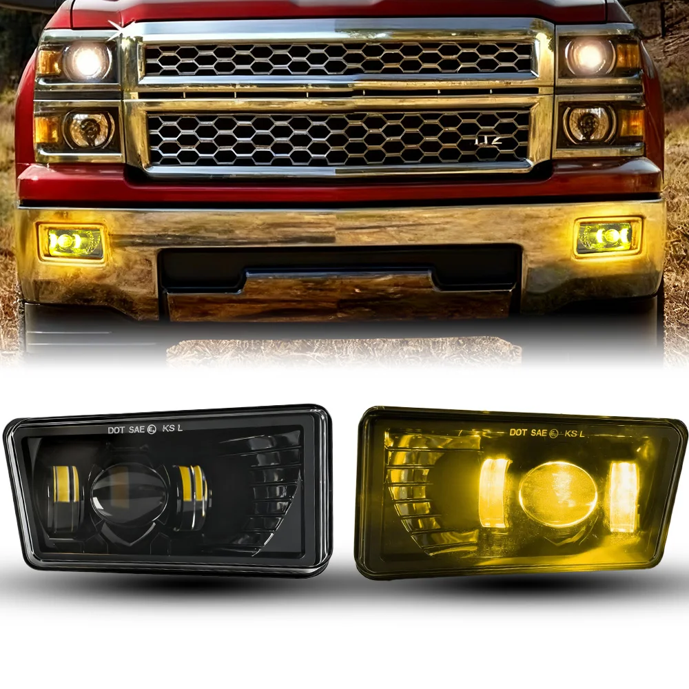 

4.5 Inch Square 60W Amber LED Fog Light Assembly Kit Compatible with 2007-2014 Chevrolet Silverado, 2007-2011 Avalanche, GMC Yuk