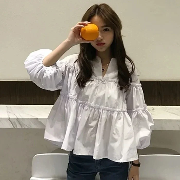 Women Blouses 2024 New Autumn Cotton Sweet Full Solid Puff Sleeve Folded Vintage Korean Ladylike Loose Shirt Large Size