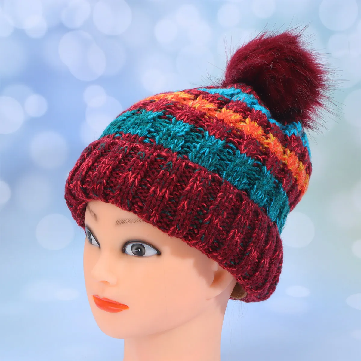 

Женская теплая вязаная шапка-бини из мягкой пряжи с помпоном, стильный дизайн с цветовыми блоками для зимы и путешествий на природе