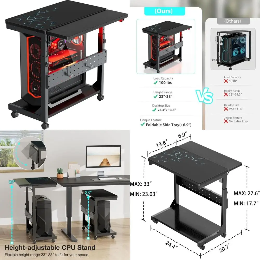 Verstellbarer 2-stufiger PC-Ständer unter dem Schreibtisch mit Rollen und Mauspad für Spiele und Aufbewahrung