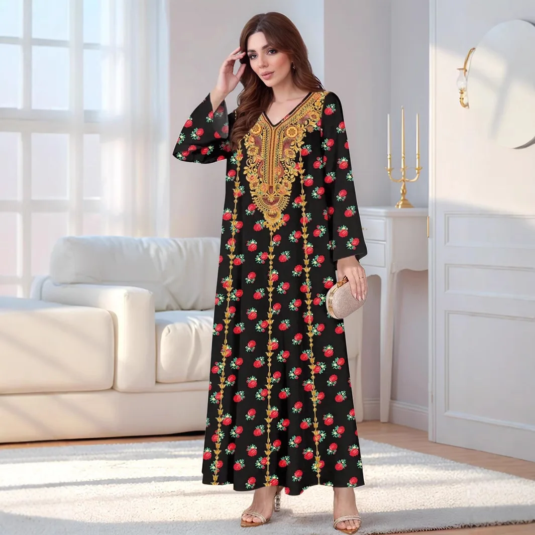 

Ramadan Muslim women's loose fitting women's long skirt fashionable printed large swing V-neck long sleeved dress A-line skirt