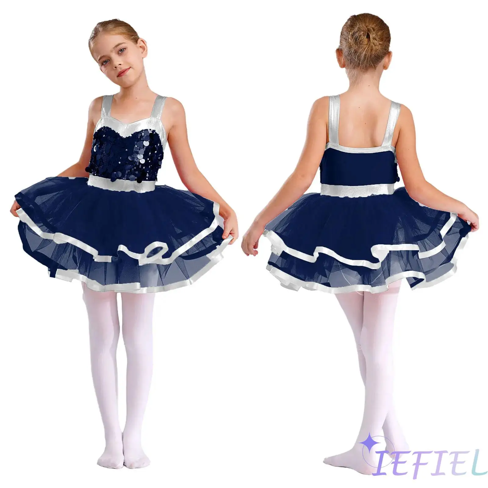 

Girls Ballet Tutu Sequin Leotards Open Back Costume Sleeveless Color Block Dress for Dance Competition Stage Performance