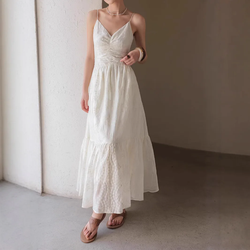 2026 Summer Women's Cami Dress Elegant V Neck High Waist A-Line Skirt Casual Loose Solid Color Luxury Maxi Dresses New
