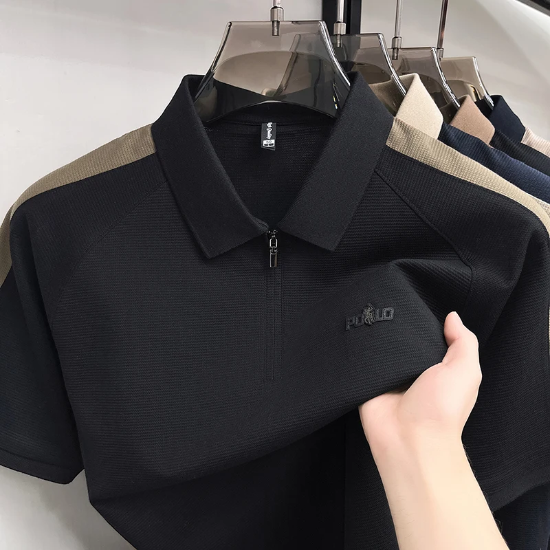 Unique color blocked short sleeve polo shirt high-end brand letter embossed men summer Korean fashion casual sport youth T-shirt