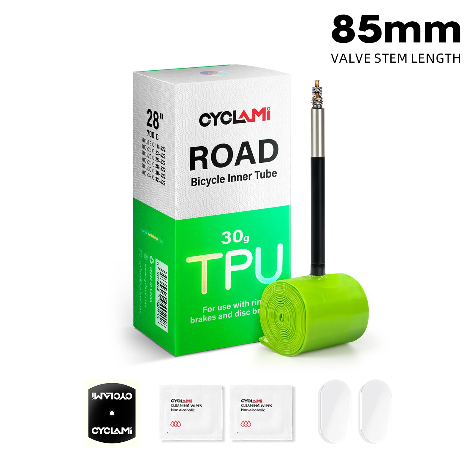 CYCLAMI Fahrradschlauch Französischer Presta FV 45 65 85 Rennrad Ultraleichter Grüner TPU-Reifen 700C 700 x 18 23 25 28 30 32C