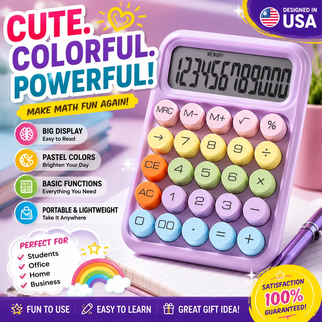 

1pc, Colorful Calculator, Stylish Desktop Calculator with 12 Digits And Large LCD Screen, Calculator with Big Buttons, Suitable for Office Or School, Flexible Keyboard Calculator Shipment Excludes Battery