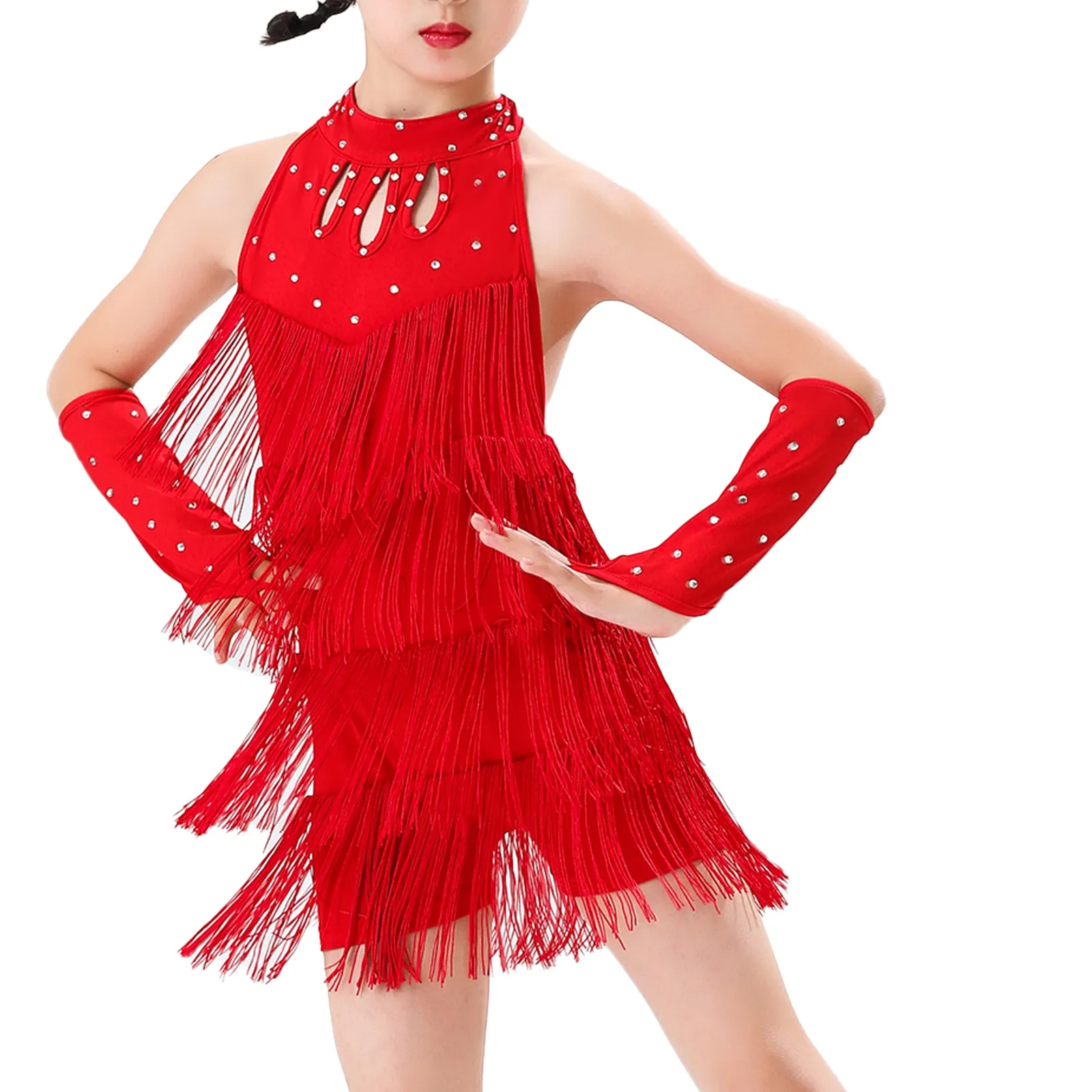 Temperament Girls Latin Salsa Ballroom Dance Outfits Tiered Tassels Leotard Sleeveless Lace-up Fringe Bodysuit with Gloves Dress