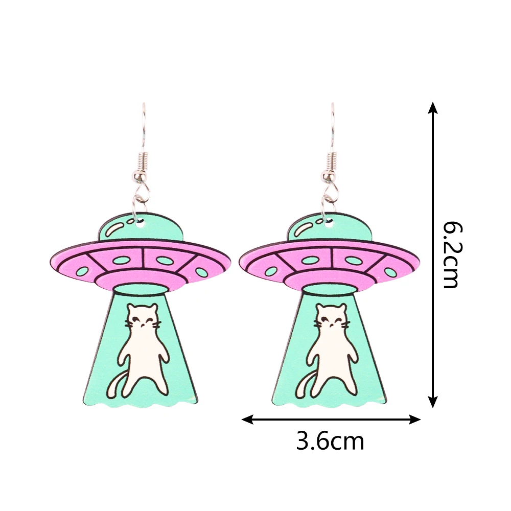 Funny Acrylic UFO Spaceship Cat Drop Earrings for Women Fashion Cartoon Aliens Animal Pendant Earring Party Jewelry Gifts