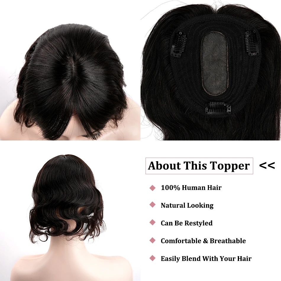 10x12cm Body Wave Human Hair Toppers with Bangs 100% Remy Human Hair for Women with Thin Hair Natural Black Hairpiece Clip Ins