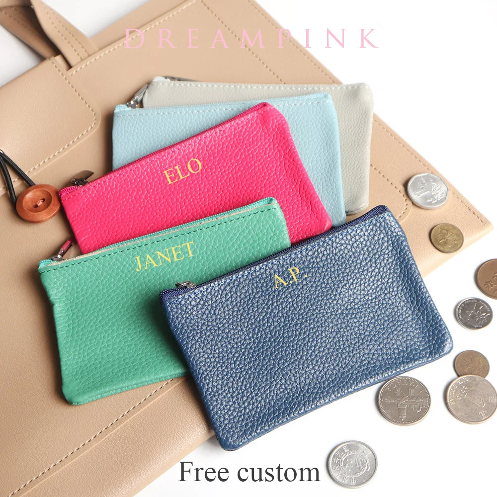 Gratis Custom Brief Portemonnee Echt Leer Zachte Kleine Zip Pouch Goed Organizer Cosmetica Tas Monogram Mini Slim Card Wallet