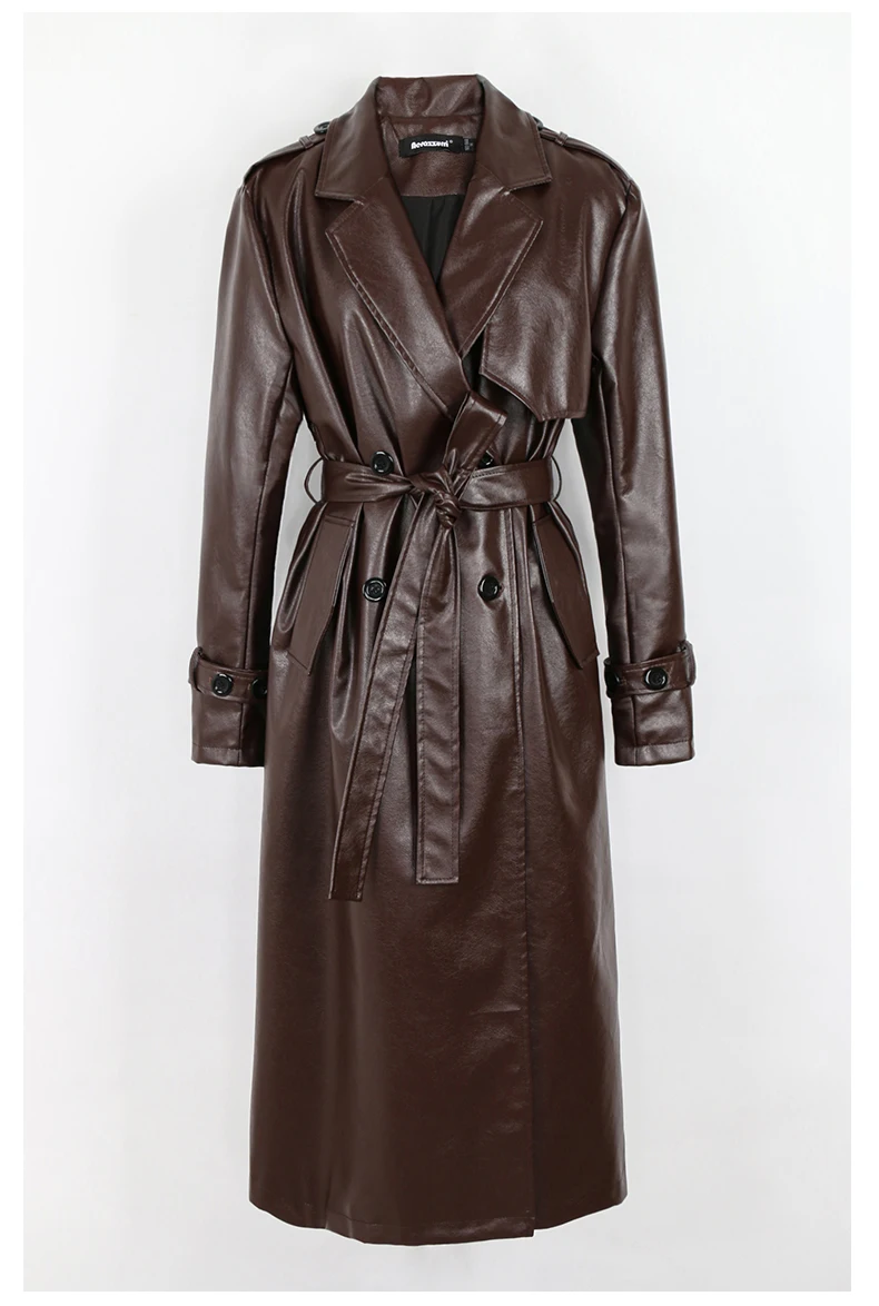 Lautaro Spring Autumn Long Black Soft Pu Leather Trench Coat for Women Belt Double Breasted Cool Handsome European Fashion 2022