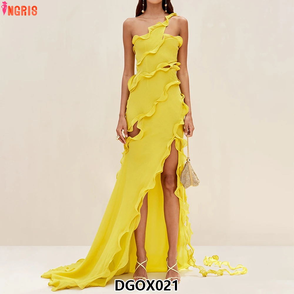 

High Fashion Summer Irregular Oblique Shoulder Sleeveless Wood Ear Edge Casual Long Dresses Women-DGOX021