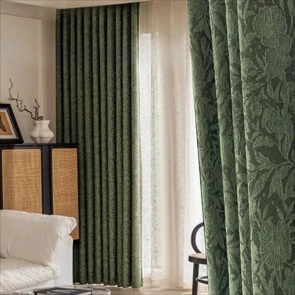 French Vintage Jacquard Blackout Curtains for Living Room Bedroom Luxury 3D Flowers Chenille High Density Window Darkening Drape
