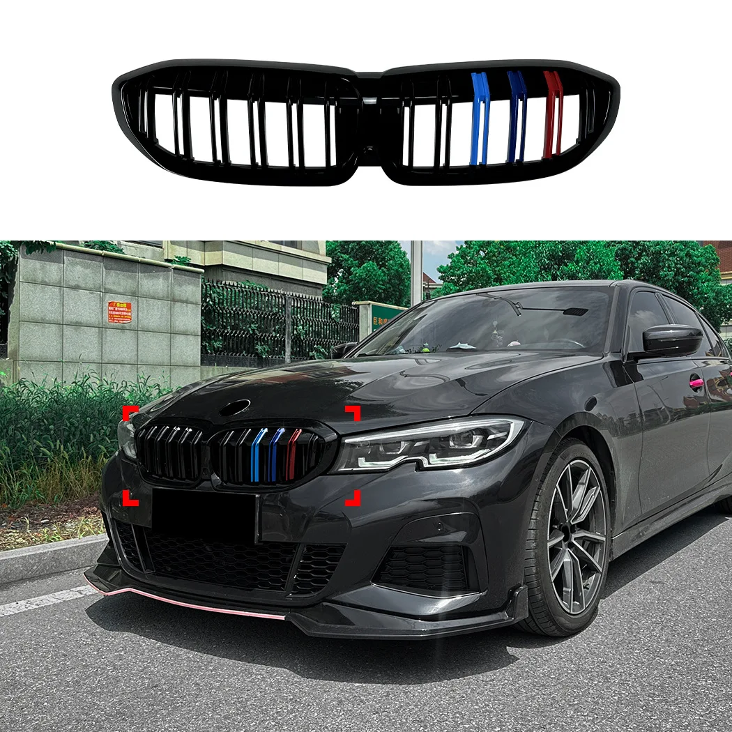 

Для BMW 3 серии G20 G28 2019-2022: Двухполосная трехцветная передняя решетка радиатора Shadow Line, глянцевый черный цвет